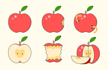 Set of red ripe apple collections whole and bitten on white background. Concept of different states of apples. Eaten, with worms or cut. Flat cartoon vector illustration