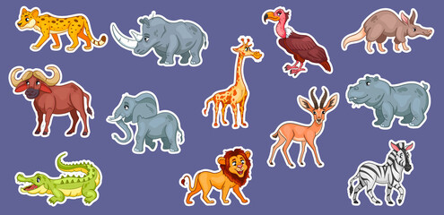 Naklejka premium Large set of African animals. Funny animal characters in cartoon style Stickers.