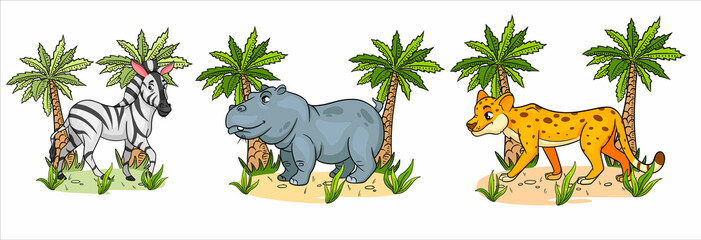 Funny characters animals zebra, hippo, cheetah with palms in cartoon style.