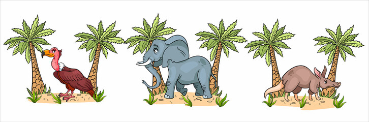 Funny characters animals vulture, elephant, aardvark with palms in cartoon style.
