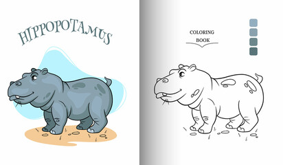 Animal character funny hippo in cartoon style coloring page.
