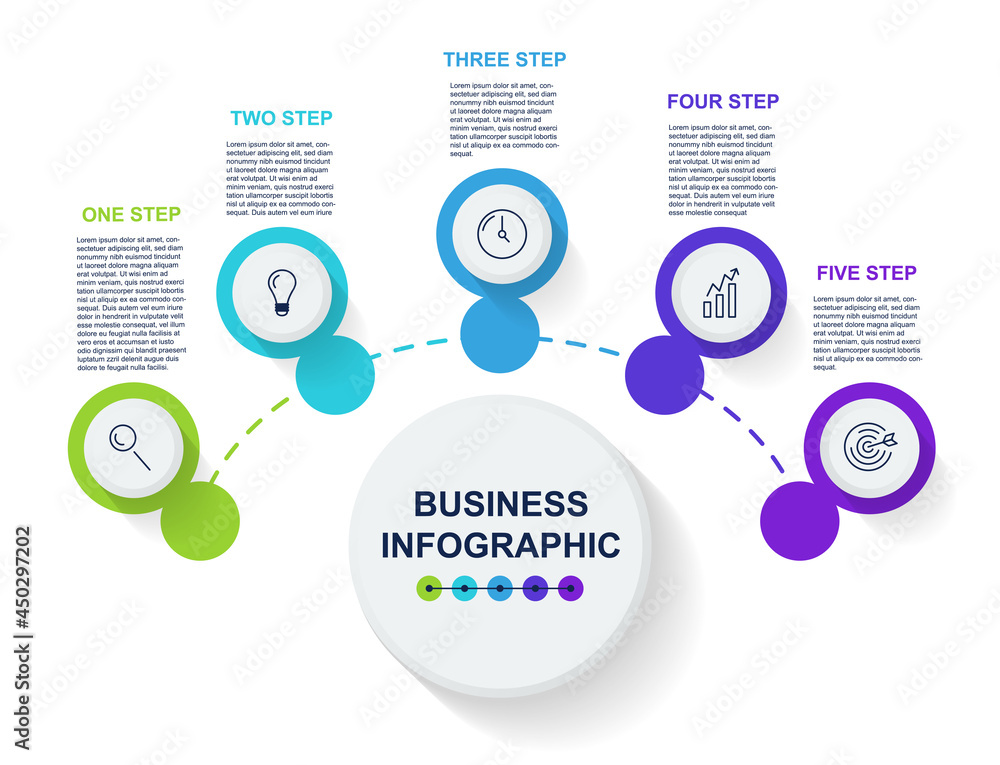 Poster business data visualization with five steps to success. concept of timeline infographic icons design