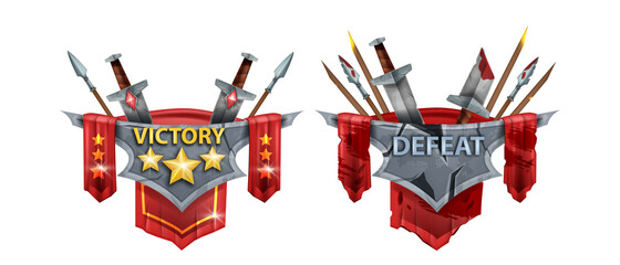 Victory defeat game badge vector kit, medieval battle award design, stone panel, spear, sword on white. Level up winner loser emblem fantasy RPG end battle UI sign set. Isolated achievement game badge © Oleksandra