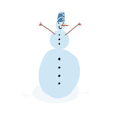 A cute hand-drawn snowman, frosty with brunch arms, carrot nose and bucket hat. Vector isolated illustration.