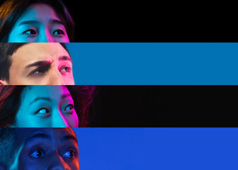 Collage of close-up male and female eyes isolated on colored neon backgorund. Multicolored, blue and black stripes. Flyer with copy space for ad