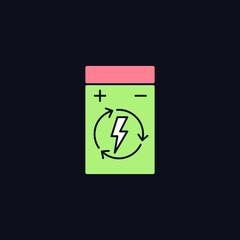 Rechargeable lithium polymer battery RGB color manual label icon for dark theme. Isolated vector illustration on night mode background. Simple filled line drawing on black for product use instructions