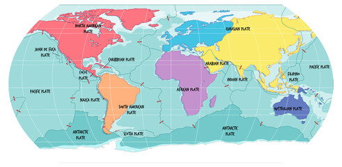 World Map Showing Tectonic Plates Boundaries - obrazy, fototapety, plakaty