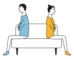 腕組みして反対向きにソファに座る男女