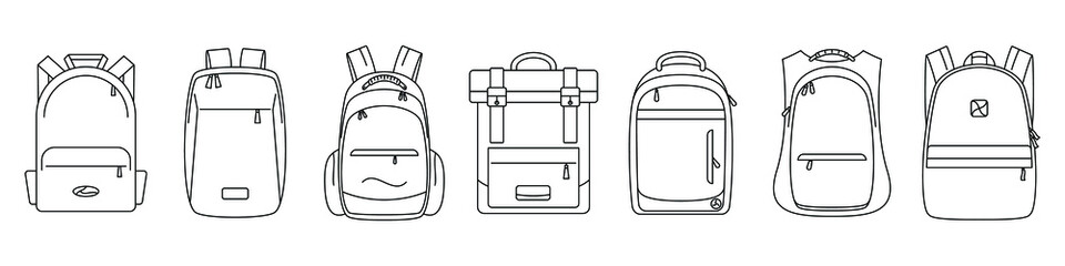 Backpack icon. Vector illustration. Set of black linear backpack icons. Isolated backpack icons - obrazy, fototapety, plakaty