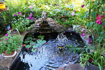 Decorative pond with fountain in the garden