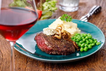 wine and grilled steak
