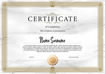 Certificate or diploma template in classic style. Certificate of complection of training. Strict, simple symmetrical design of certificate with white marble texture.