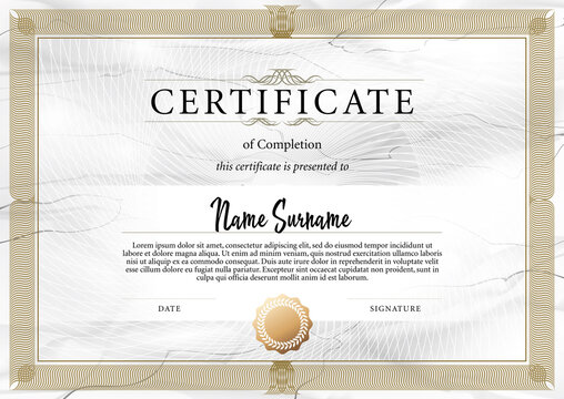 Certificate or diploma template in classic style. Certificate of complection of training. Strict, simple symmetrical design of certificate with white marble texture.