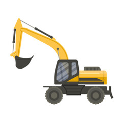 Yellow excavator isolated on transparent white background. Vector flat design illustration. Side view.