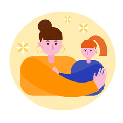 Vector illustration of a brunette woman with a red-haired baby. Mom hugs her daughter. Woman and daughter in a yellow circle with daisies. Hugs of daughter and mother. Family