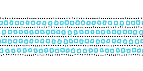 Abstract doodles seamless vector border. Repeating horizontal pattern hand drawn square dot shapes illustration. Kids banner, footer, divider, fabric trim, ribbon, wall decal