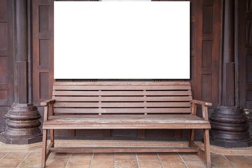 Large blank billboards and wood bench for waiting in front of the restaurant