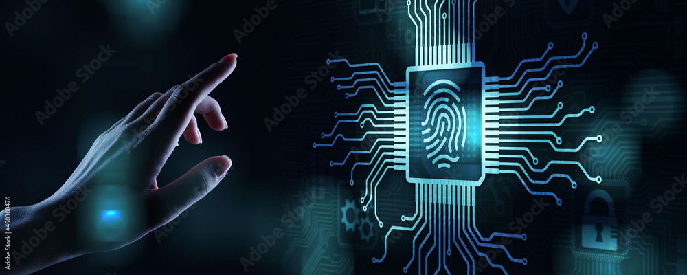 Poster fingerprint unlock cyber security data protection concept on virtual screen.