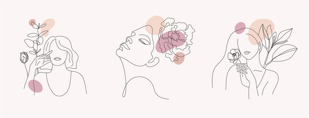 Fototapeta Vector set of women faces, line art illustrations, logos with flowers and leaves, feminine nature concept. Use for prints, tattoos, posters, textile, logotypes, cards etc. Beautiful women faces. obraz