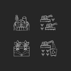 Agriculture and farming chalk white icons set on dark background. Ecological innovation and technologies in farm business. Farmers support. Isolated vector chalkboard illustrations on black