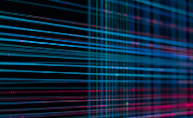 Communication technology concept, fiber optic light lines. The idea of information transmission and communication of people in digital space, selective focus, blur, dark background