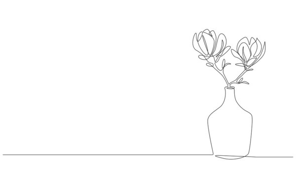 Continuous one line drawing of beautiful magnolia flowers in glass vase. Stylish bloom plant for interior design in linear style isolated on white background. Vector illustration