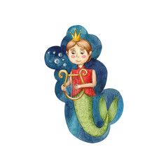 A mermaid prince with a harp on a white background. Watercolor illustration. Postcard. Cute. Holidays. Sea. Underwater world. Fantasy. Design. Handmade work. Art. Colored.