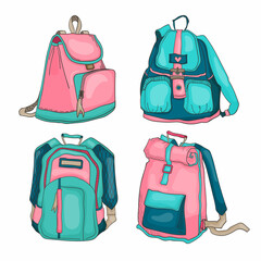 Set of vector illustrations. Closed backpacks, side and front views. Modern urban and shrolny backpacks of various shapes in blue and pink. Isolated flat cartoon style for print, craft, stickers.
