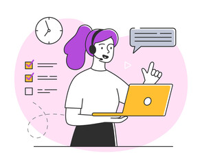 Young female character is working in customer support. Collection of scenes at office. Workers taking part in business negotiation, brainstorming, helping clients. Flat cartoon vector illustration