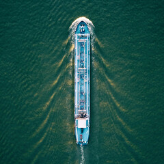 Tankship industrial gas carrier seen from a drone view. - obrazy, fototapety, plakaty