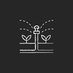 Irrigation device chalk white icon on dark background. Automated watering system for crop and landscape. Avoid soil consolidation. Plants care. Isolated vector chalkboard illustration on black