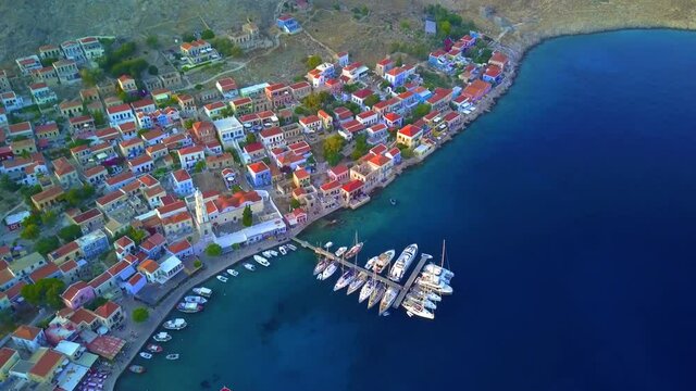 4K Greek Islands in Aegean Sea, Halki Island Port, Yacht, Drone Aerial
