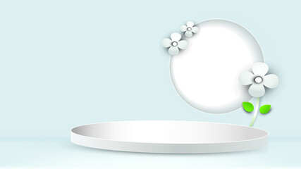 Product blank white round podium on light blue pastel background with imitation of paper cut flowers in a circle on the wall.