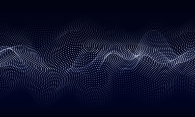 Array of glowing dots in the form of a wave. Abstract wave design element. Floating waves of particles.