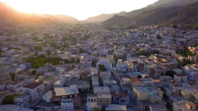 4K Greek Islands in Aegean Sea, Kalymnos Port, Sailboat, Yacht, Drone Aerial
