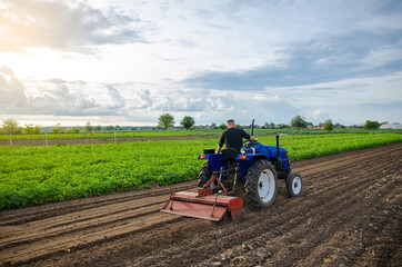 Obraz premium A man farmer works in a farm field. Cultivating the soil before planting a new crop. Milling, crushing and loosening ground. Farming. Agriculture agribusiness. Recruiting workers with driving skills