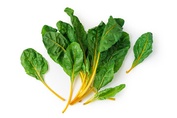 Fresh mangold salad leaves isolated over white, top view. Clipping path at 300%