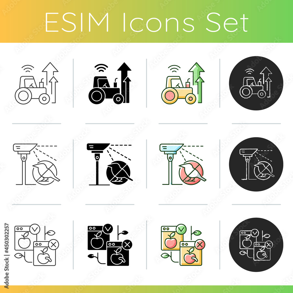 Aufkleber automated systems in agriculture icons set. scanner system control and management. laser scarecrow. 