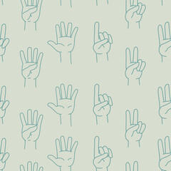 Line hand pattern with curled fingers. Finger counting seamless pattern. Vector blinking illustration on blue background