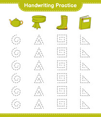 Handwriting practice. Tracing lines of Scarf, Book, Rubber Boots, and Teapot. Educational children game, printable worksheet, vector illustration