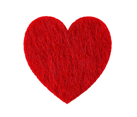 Fototapeta premium Red felt valentine heart isolated on white background. Design element of natural materials for holiday, greeting card, postcard and banner. Concept of love, Valentine day. Macro.