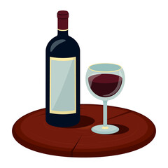 Vector illustration of bottle of wine, glass of wine on wooden stand in flat style. For web, infographics, poster.