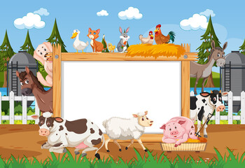 Naklejka premium Empty wooden frame with various wild animals in the farm