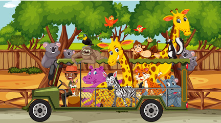 Safari scene with wild animals in a tourist car