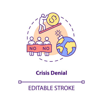 Crisis Denial Concept Icon. Global Warming Arguments. People Delay Saving Planet From Climate Change Abstract Idea Thin Line Illustration. Vector Isolated Outline Color Drawing. Editable Stroke