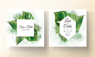 Hand drawn green leaves wedding invitation template