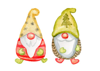 Obraz premium Cute watercolor cone-shaped fairytale isolated gnomes characters for Christmas