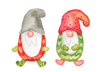Cute watercolor cone-shaped fairytale isolated gnomes characters for Christmas