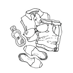 Summer vacation. Relaxing on the beach. Shorts, T-shirt. Sandals. Sunglasses. SPF lotion-sun protection.