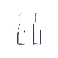 Bottle continuous line wine and vodka in linear style on white background. Solid black thin outline. Modern flat style graphic design. Logo element illustration. Contour drink symbol